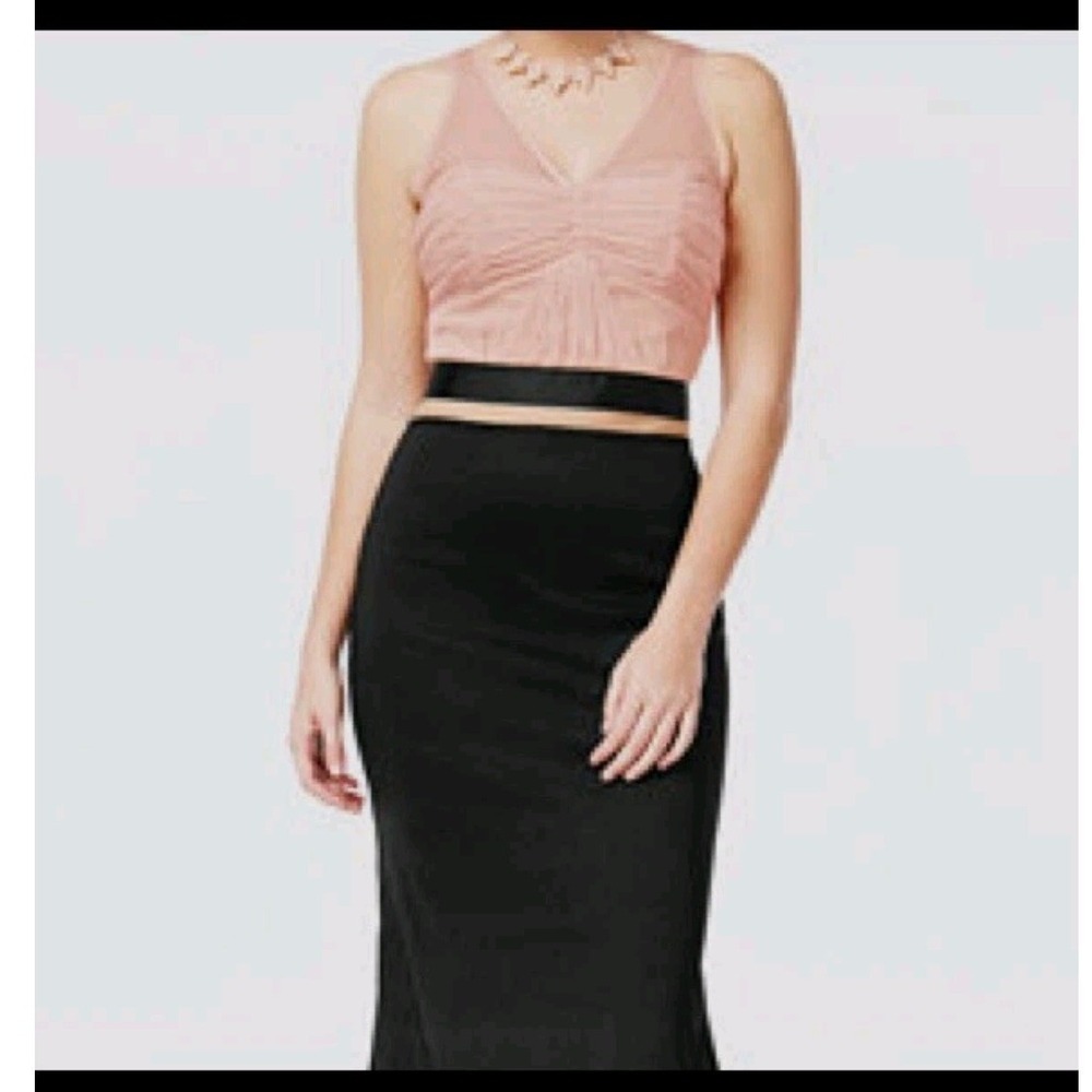 Jump Apparel Crop Top Womens 5/6 Pink Black New Ruched Mesh Bow Back Tie Zipper